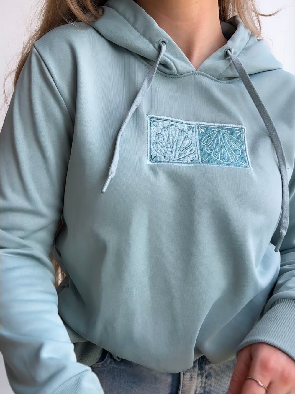 Upcycled Mondetta Sea Shell Embroidered Light Blue Pullover Hoodie